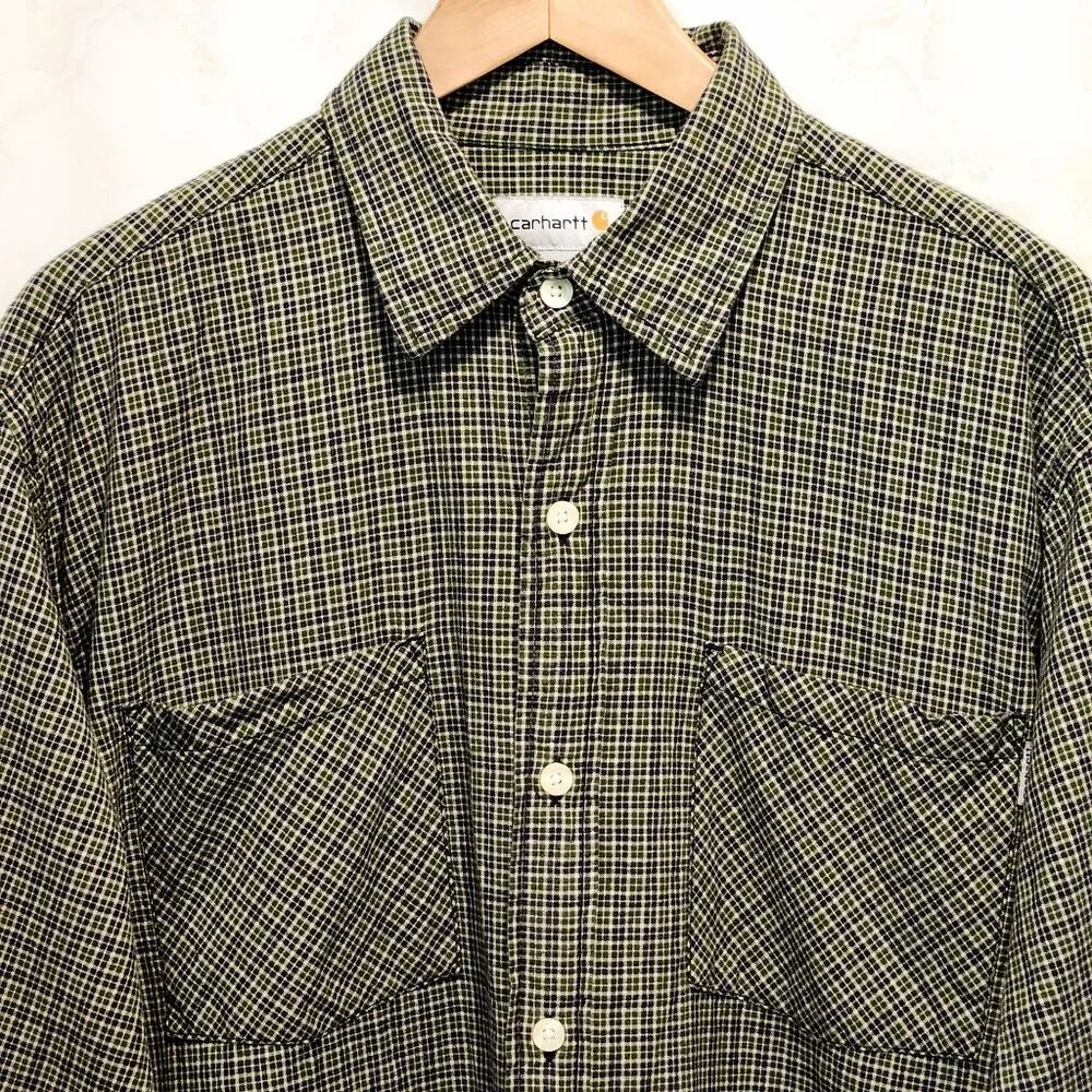 Carhartt Long Sleeve Button Up Shirt Men's LG Blue Green Pin Check Plaid Camping